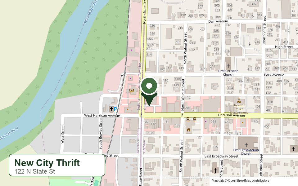 Map showing New City Thrift at 122 N State St in Harrison, Ohio