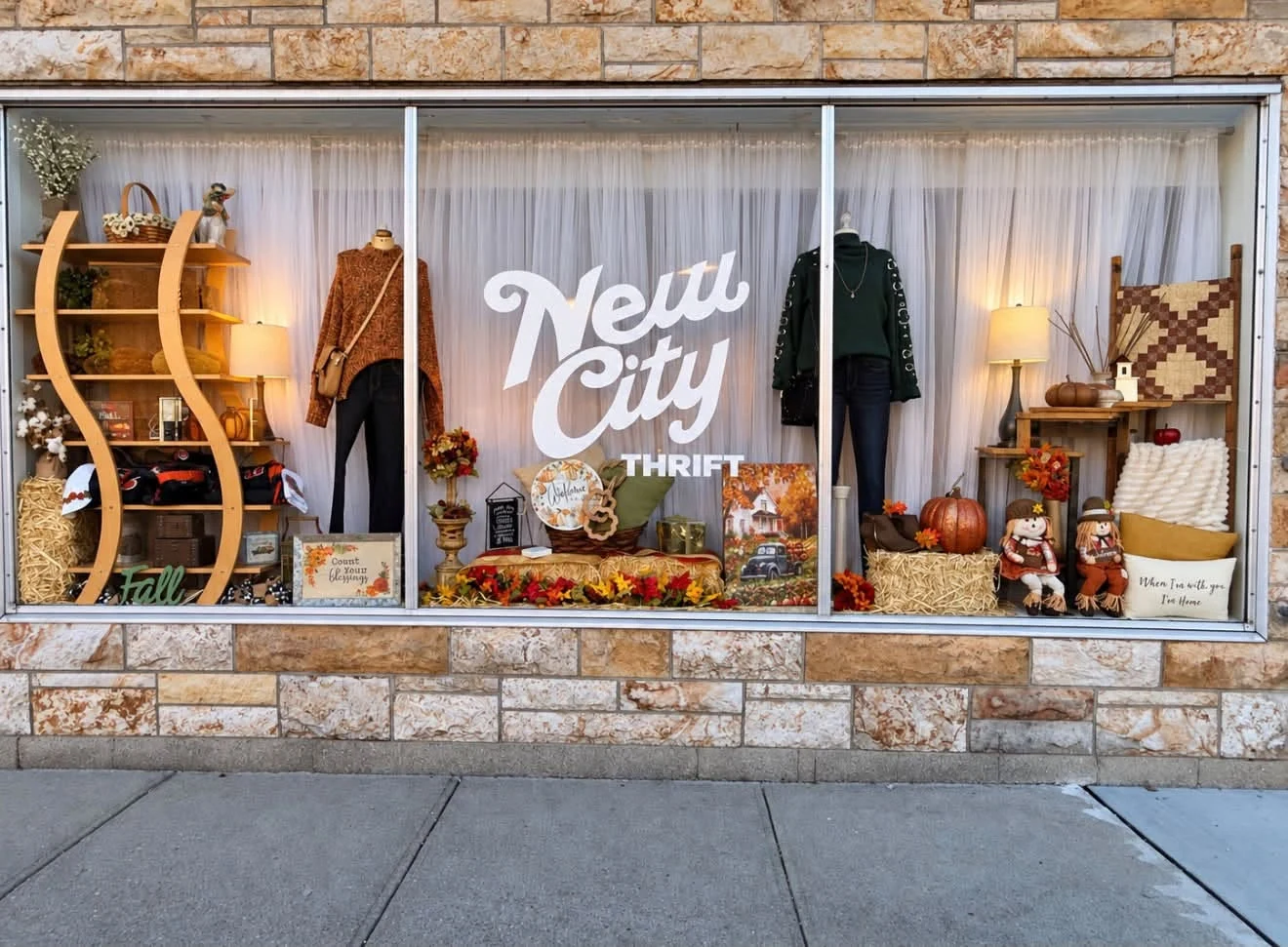New City Thrift’s storefront window with the store logo and seasonal displays.